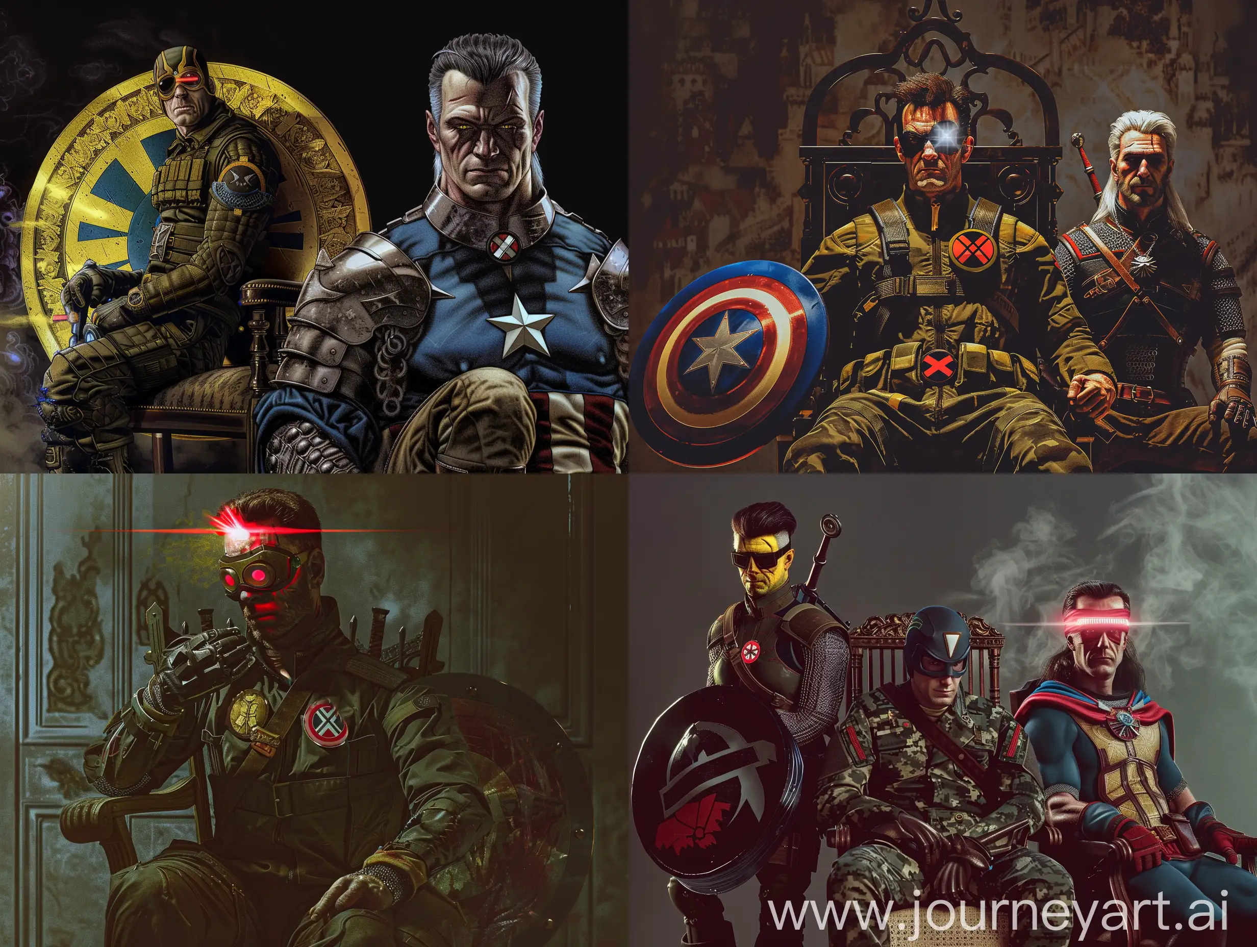 Psycho is a Marvel character, Psycho is wearing an 80's military outfit, Psycho is like a crusader, Psycho is a 15th century castle type shield, Psycho is holding a crusader helmet in his right hand, Cyclops is sitting on an iron chair is, 0Cyclops eyes are shooting lasers, Silicope is in Camelot palace in the 15th century, the lighting is classic lighting, the witcher is Persian prince style, Cyclops face is neither happy nor sad, excellent quality, very clear, very realistic, q2 .