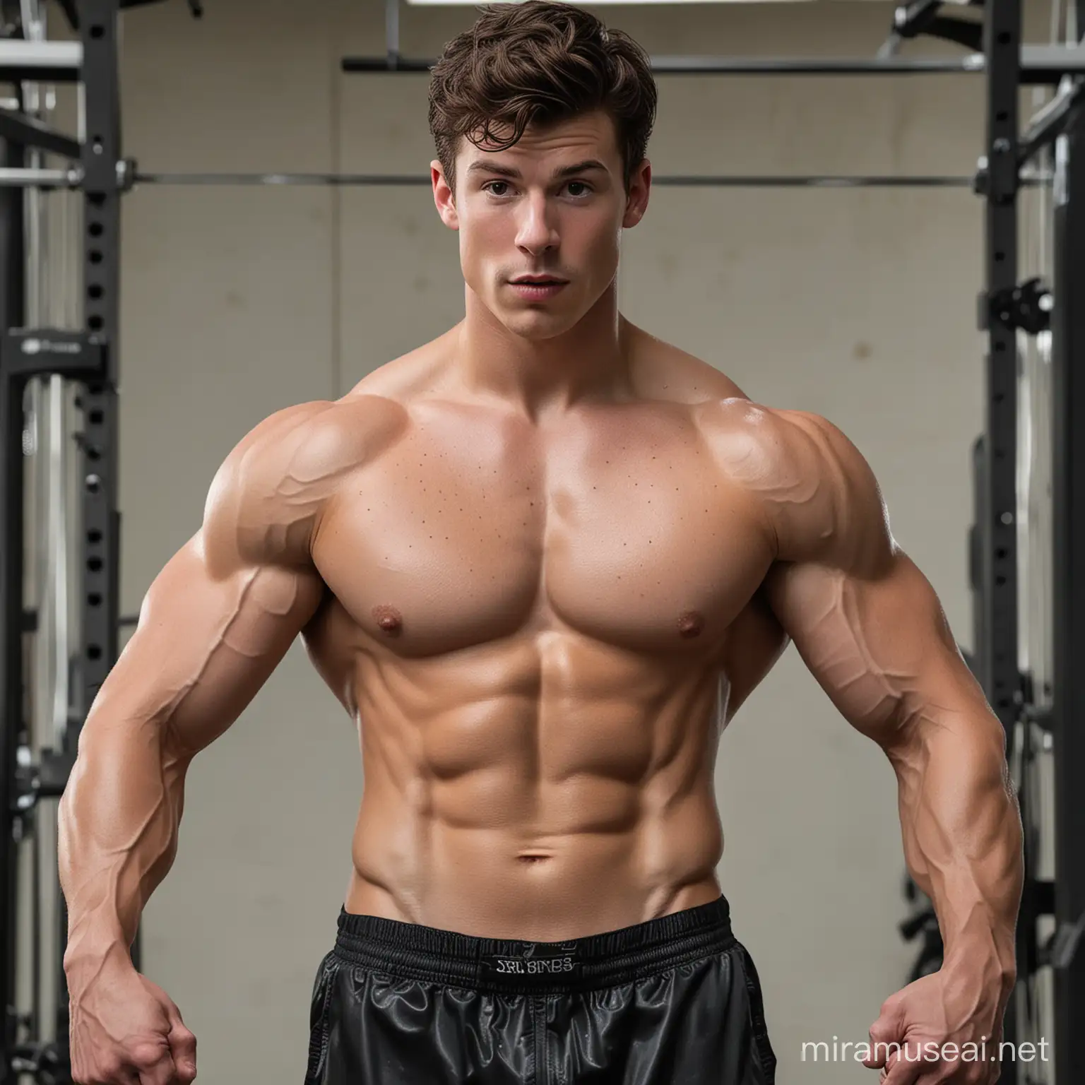 In this hyperrealistic photograph, the epitome of physical prowess and dedication stands before us. Shawn Mendes, the iconic bodybuilder, commands attention with his imposing presence, captured standing in a gym. Every detail of his muscular physique is meticulously rendered, from the bulging biceps to the defined deltoids that speak volumes of his relentless training regimen. Clad in small, tight lycra shiny wet gym shorts, Shawn's attire leaves little to the imagination, showcasing the culmination of years spent honing his body to perfection. The fabric moulds to his form, accentuating the rippling muscles of his torso and thighs with an almost palpable intensity. Amidst the backdrop of the gym, equipment serves as a testament to Shawn's relentless pursuit of strength. Yet, it is Shawn himself who is the focal point of this composition. His gaze is steely and unwavering, radiating an aura of confidence and determination. Beads of sweat glisten on his skin, catching the light in a mesmerizing display of physical prowess. In this hyperrealistic portrayal, Shawn Mendes embodies the very essence of strength and discipline, standing as a living monument to the relentless pursuit of greatness in the realm of bodybuilding.