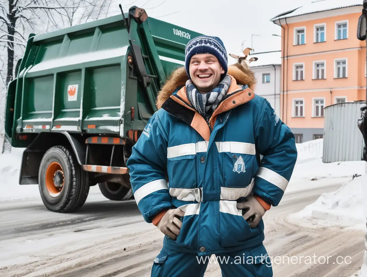 Joyful-Faun-Garbage-Truck-Driver-Embracing-Winter-in-Russia