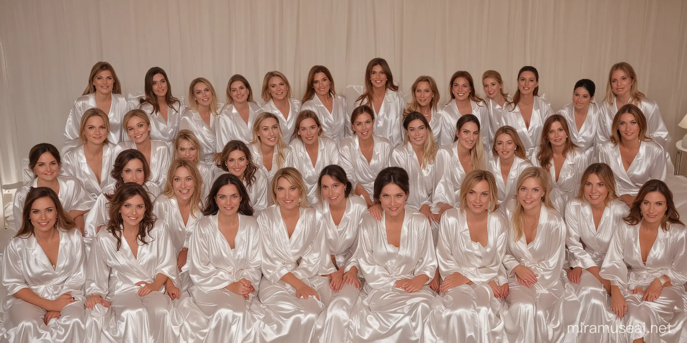 Group of Women in Elegant White Satin Nightgowns on Satin Beds