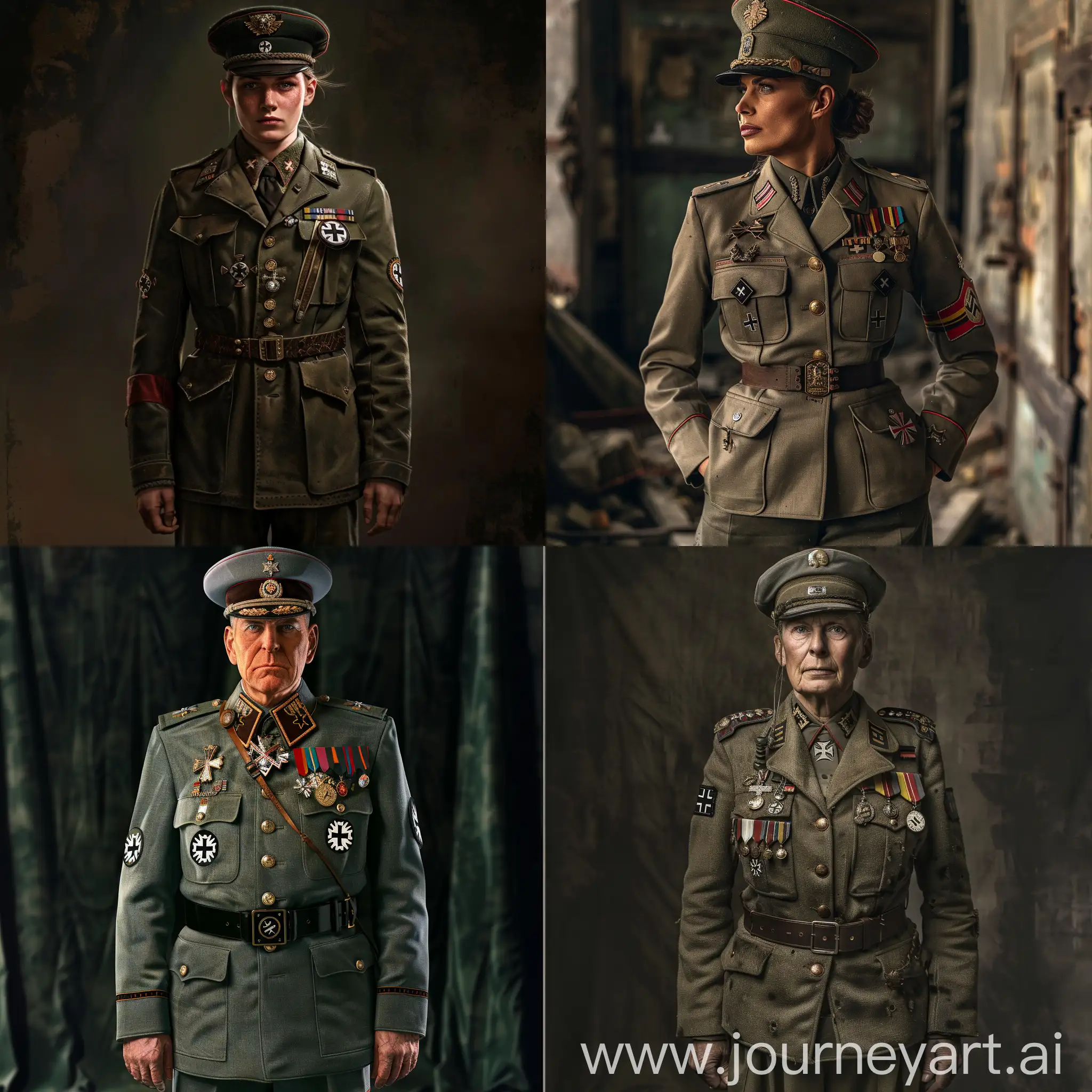 Generate a description of a person dressed in the German military uniform from World War II, including the specific elements of the uniform such as the style of the jacket, pants, hat, and any additional details like medals or insignia."