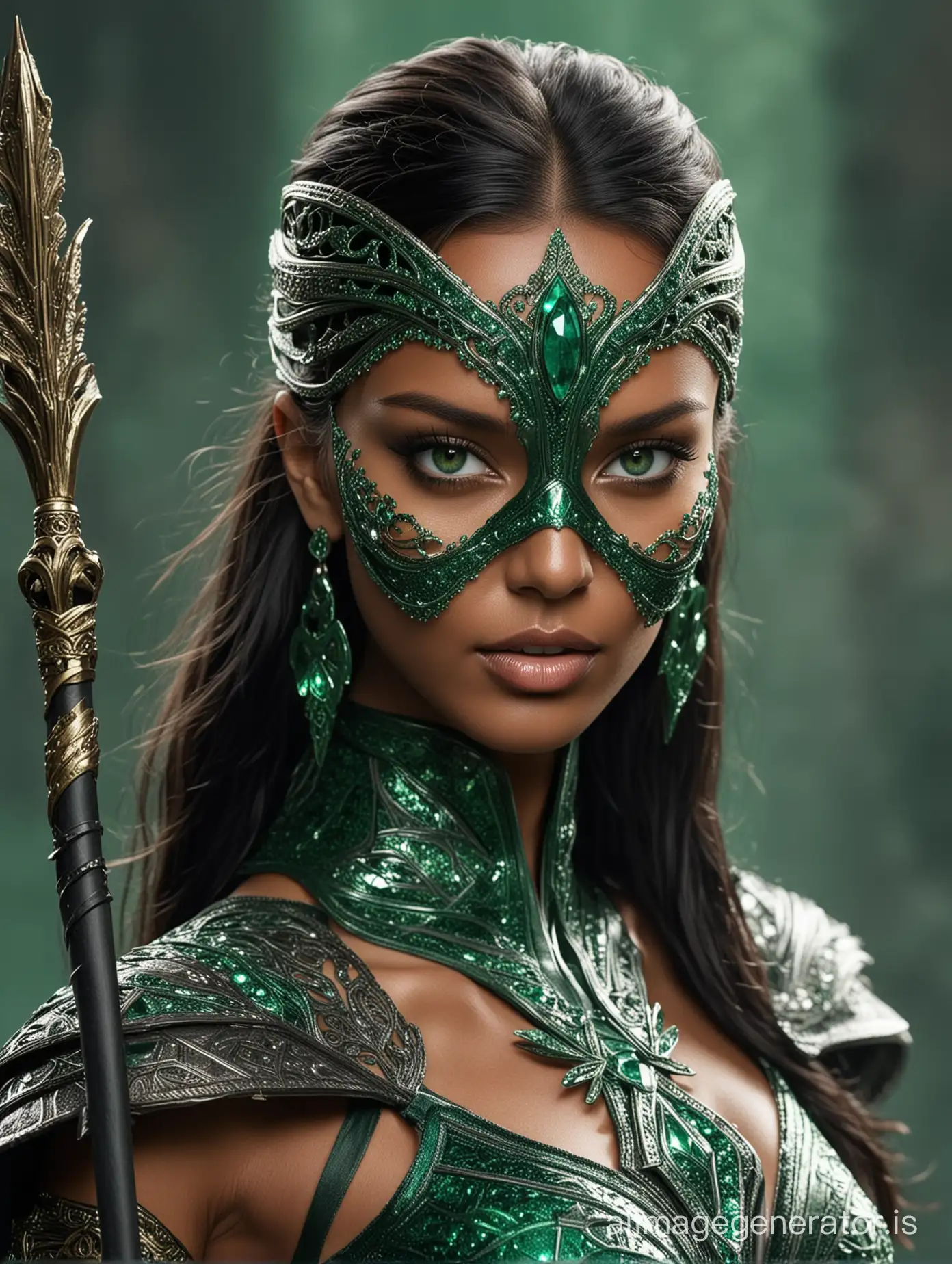 Lais Ribeiro as Jade, her green eyes intense. Focus on intricate mask details, the glint of her bo staff, and the textures of her emerald costume.