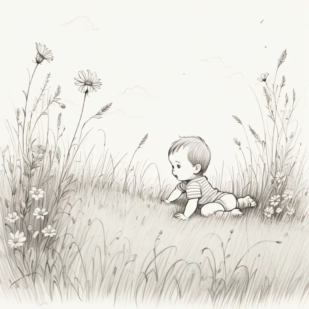 A sketch of a grassy meadow with some flowers, and a baby crawling in the grass, shown from his profile, drawn in the style of a rom-com book cover
