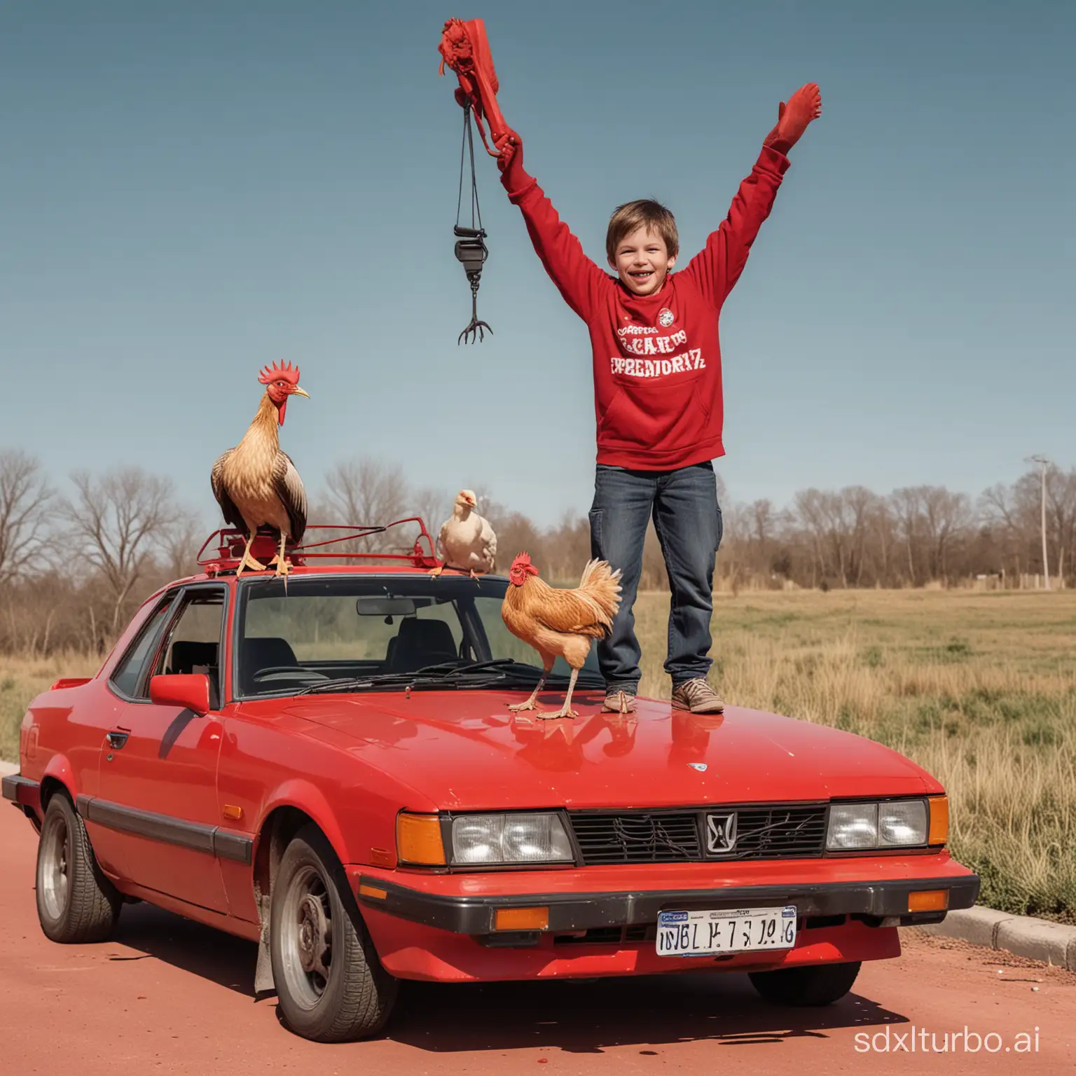 Empowering-Disabled-Child-Stands-on-Red-Car-Hood-with-Crane-and-Chicken