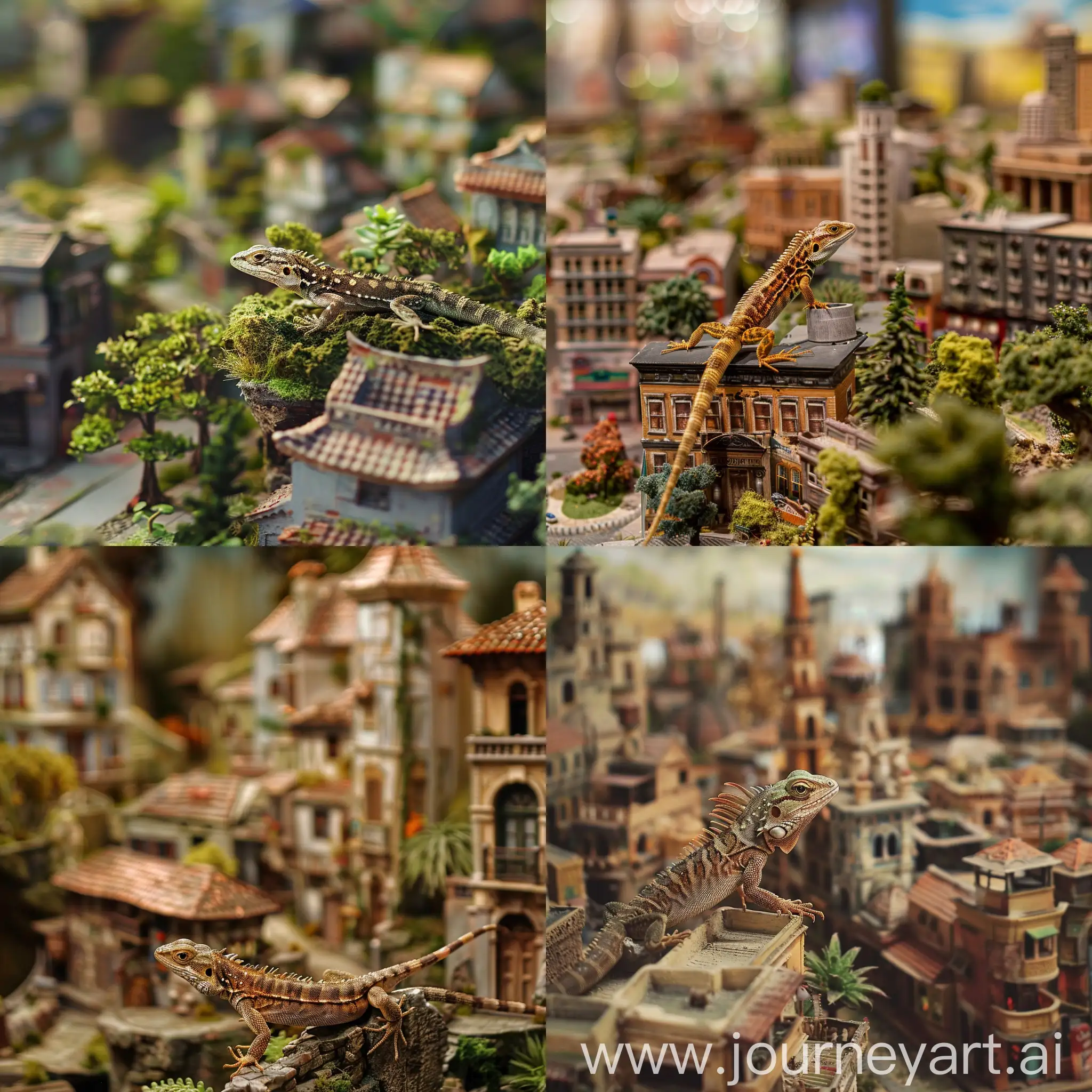 Una lagartija en una maqueta de una ciudad en miniatura
