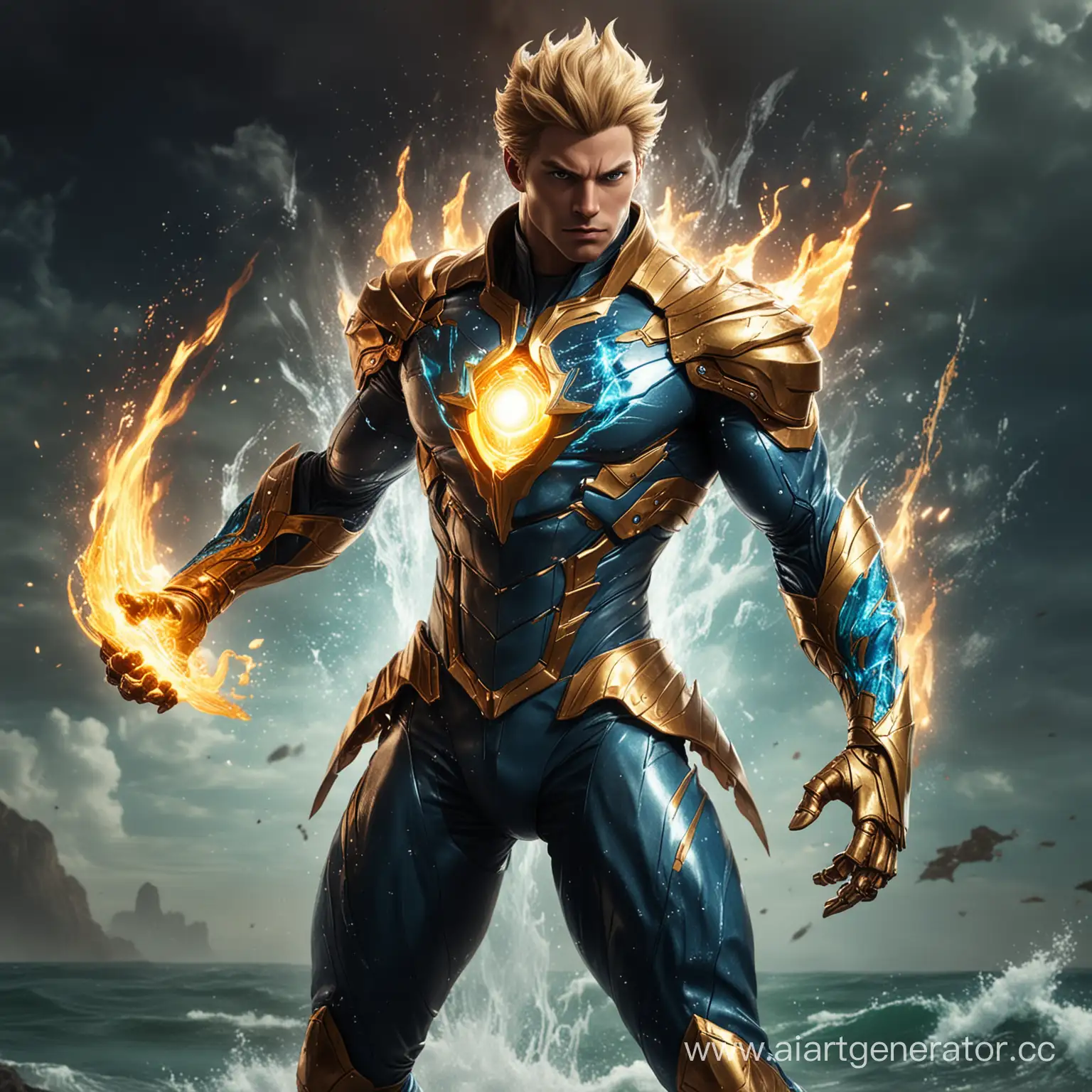 Terra Tempest:He is a human with powers Elemental tempest, with a suit that channels the power of earth, wind, fire, and water, capable of unleashing devastating elemental attacks.make it cinematic
