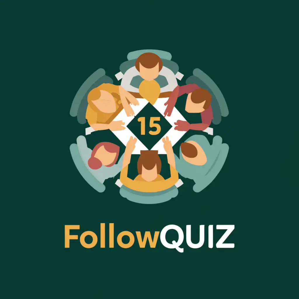 a logo design,with the text "FollowQUIZ", main symbol:group of people trying to solve puzzles on teal background with gold outline,complex,be used in Entertainment industry,clear background