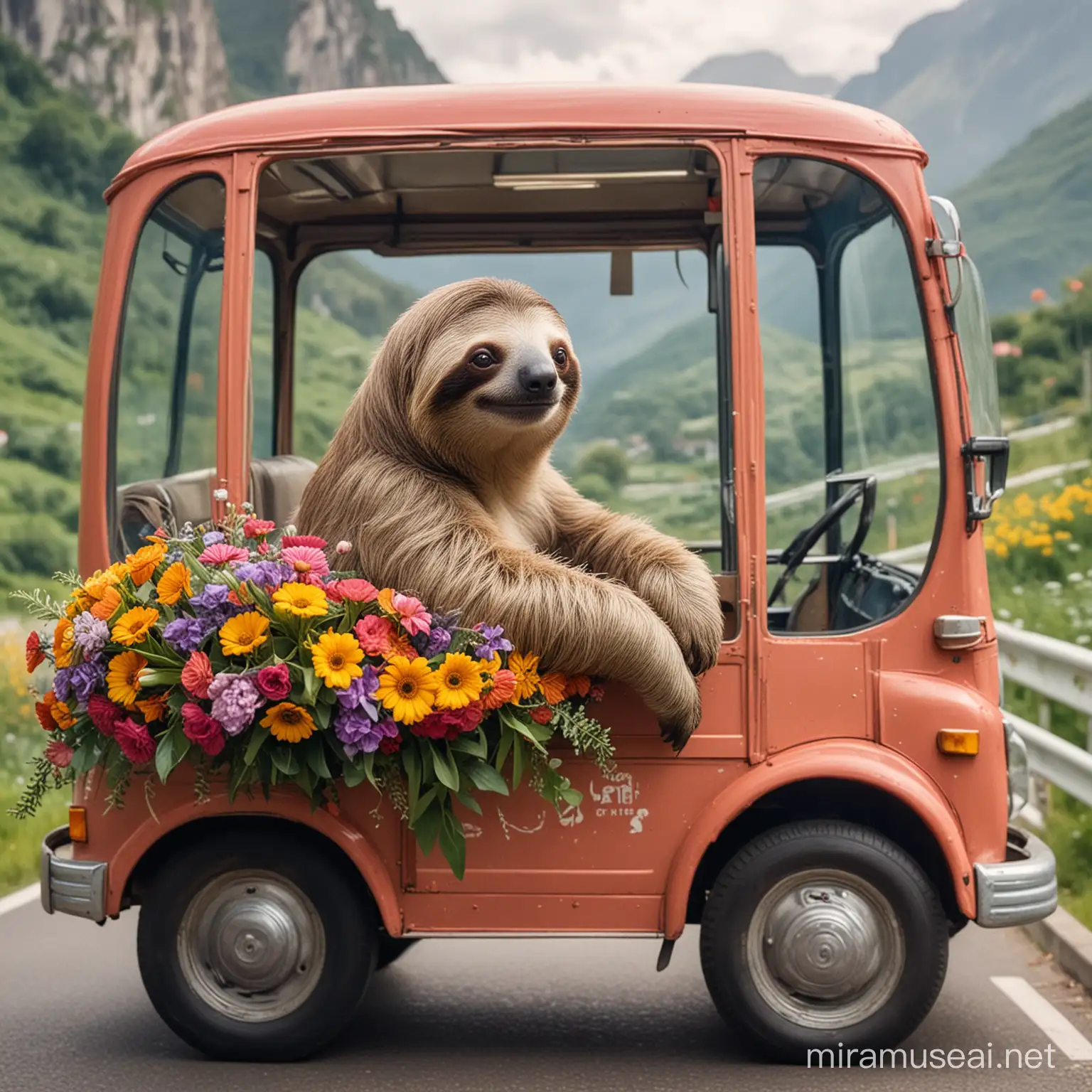 Relaxed Sloth Driving Colorful FlowerAdorned Bus Through Picturesque Landscape