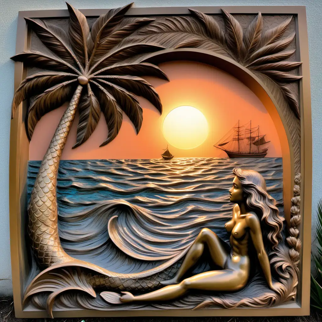 bas-relief, of a mermaid, under a palm tree, on the shore, looking out at the water, with a ship, at sunset