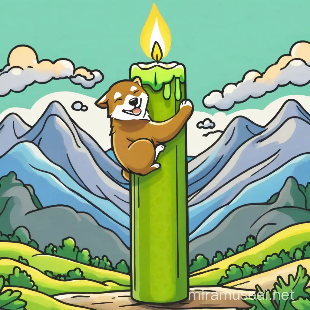 Dark grey-brown haired Shiba Inu hugging a green candle
