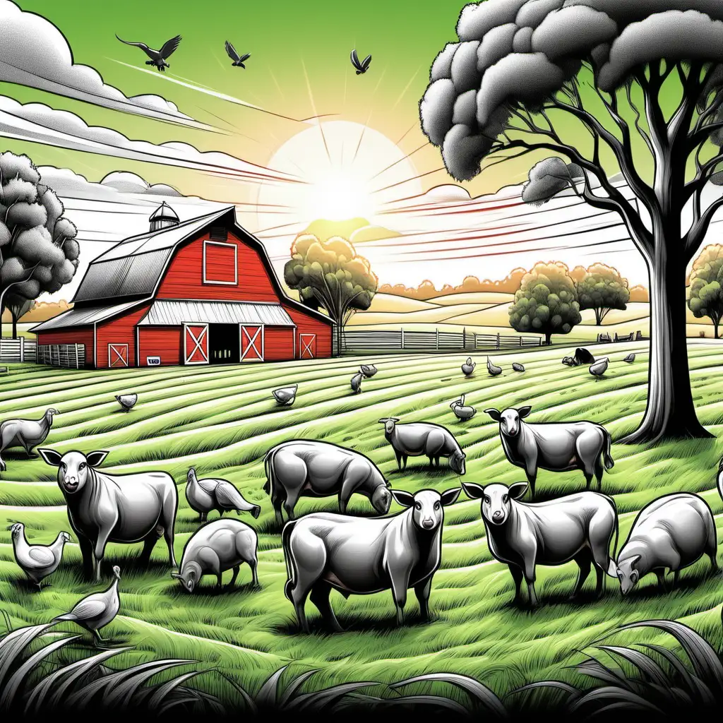australian farm with animals, big red barn detailed black and white cartoon image, green grass and trees, bright yellow sunrise, white background black lines