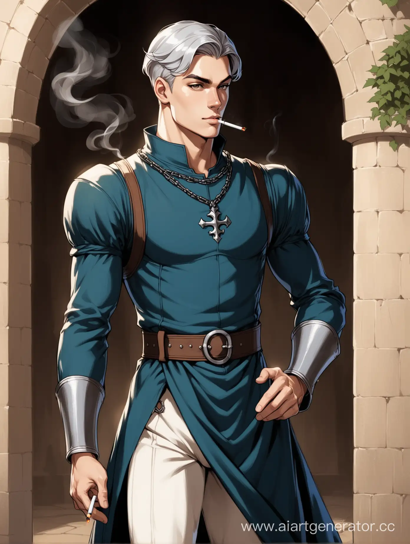 young Duke, athletic build, short silver hair, self-confident look, smokes a cigarette, medieval style, waist-high.