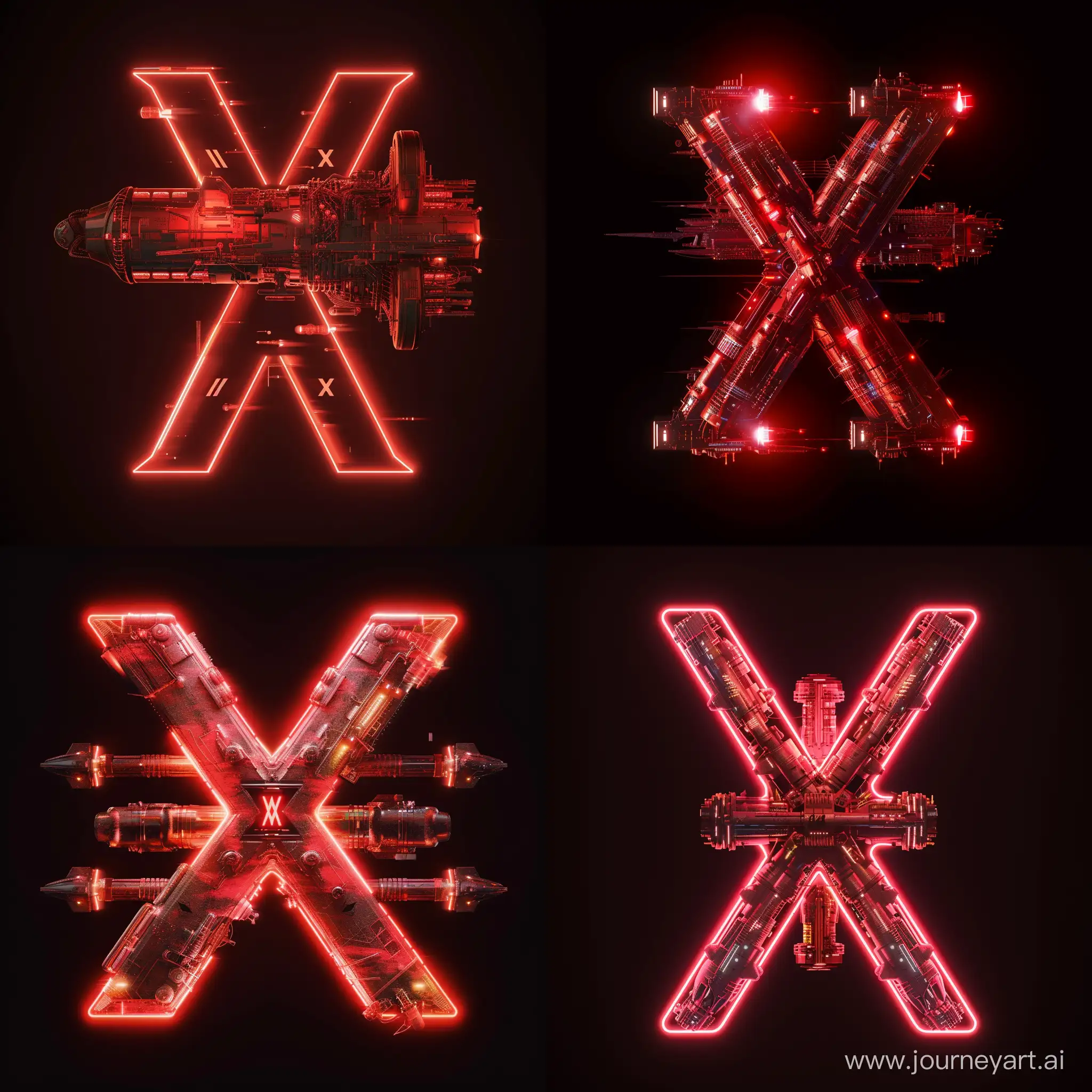 Letter X consisting of futuristic maschinery or starships, ruby red colour, bright red, glowing, futuristic, retrofuturism