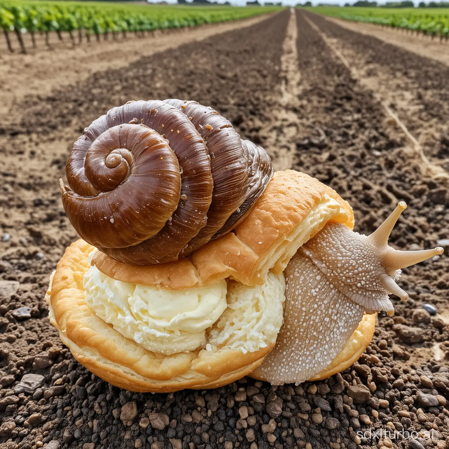 a huge vineyard snail that instead of a house has a cream puff on its back