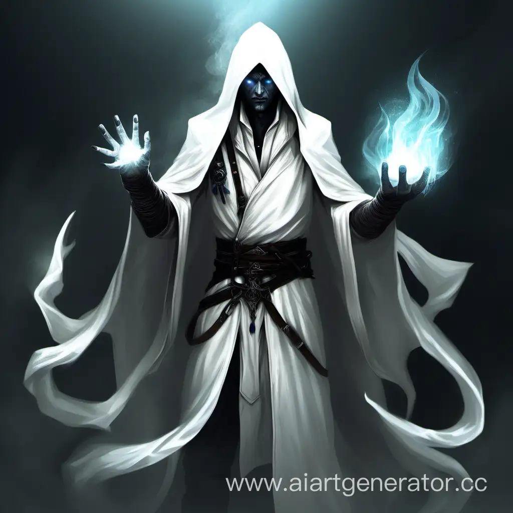 A mage in white attire with a dark hand