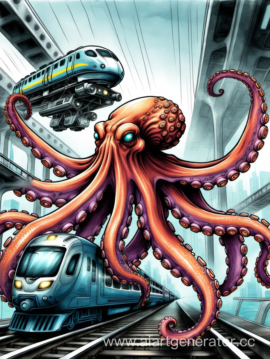 Futuristic-Train-Journey-with-Octopus-Companion-Vibrant-Color-Illustration