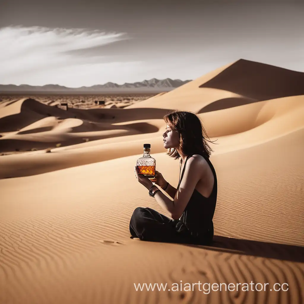whisky drinking woman 
alone in the desert
