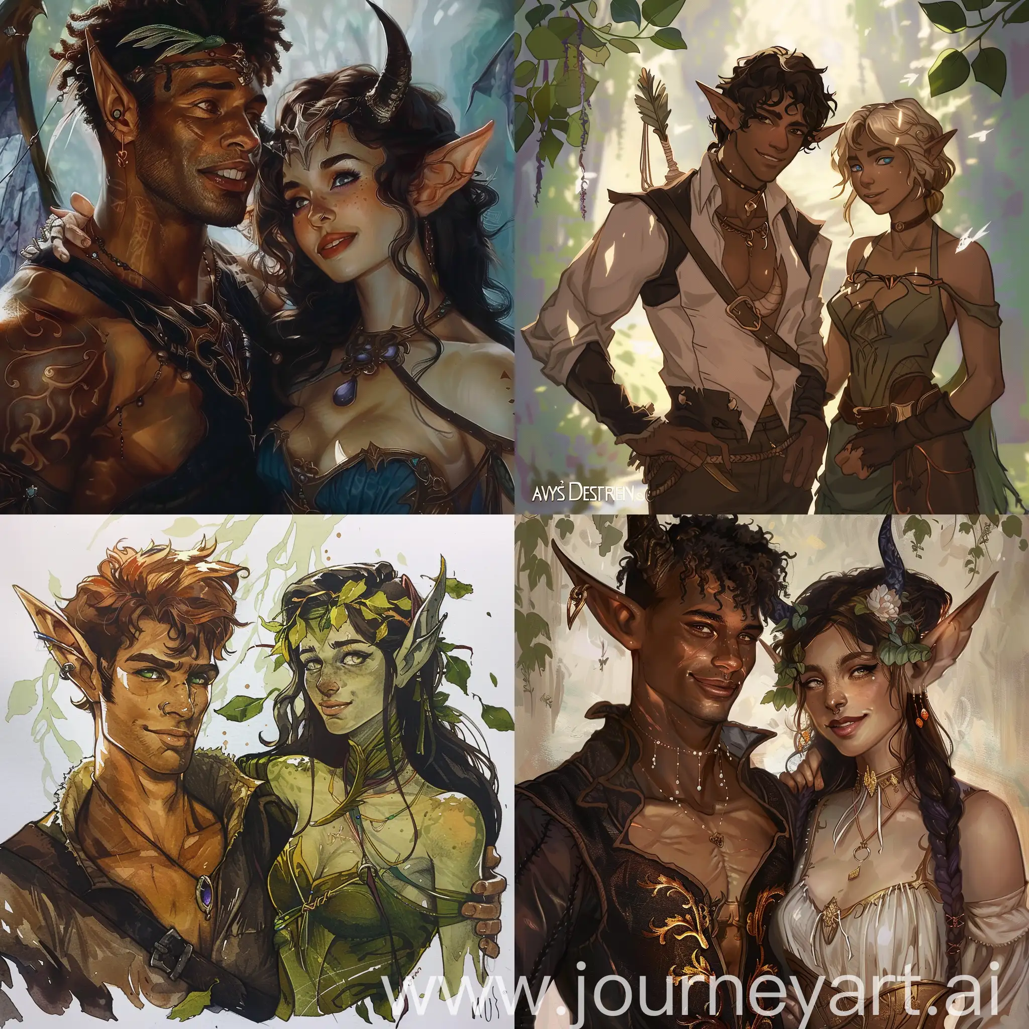 ava's demon artstyled art with a brown skinned man and a elf woman