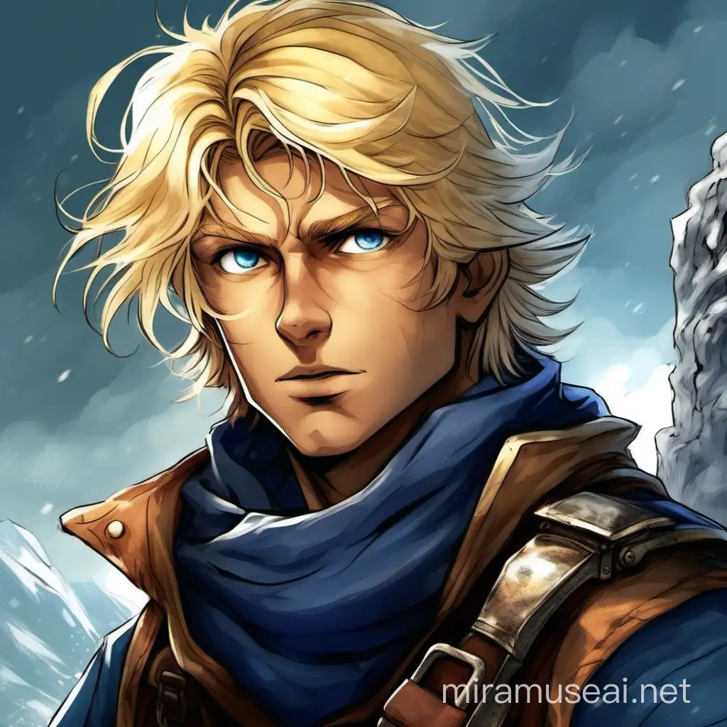 A youthful adventurer with a mischievous yet brave demeanor. Tousled blond hair frames his face, with bright inquisitive eyes that sparkle with wonder and courage. He wears sturdy yet weathered traveling garb suitable for battling foes and exploring treacherous landscapes, with a navy blue scarf wrapped protectively around his neck. Portray him preparing for an epic quest, armed with stalwart determination etched across his roguish features.