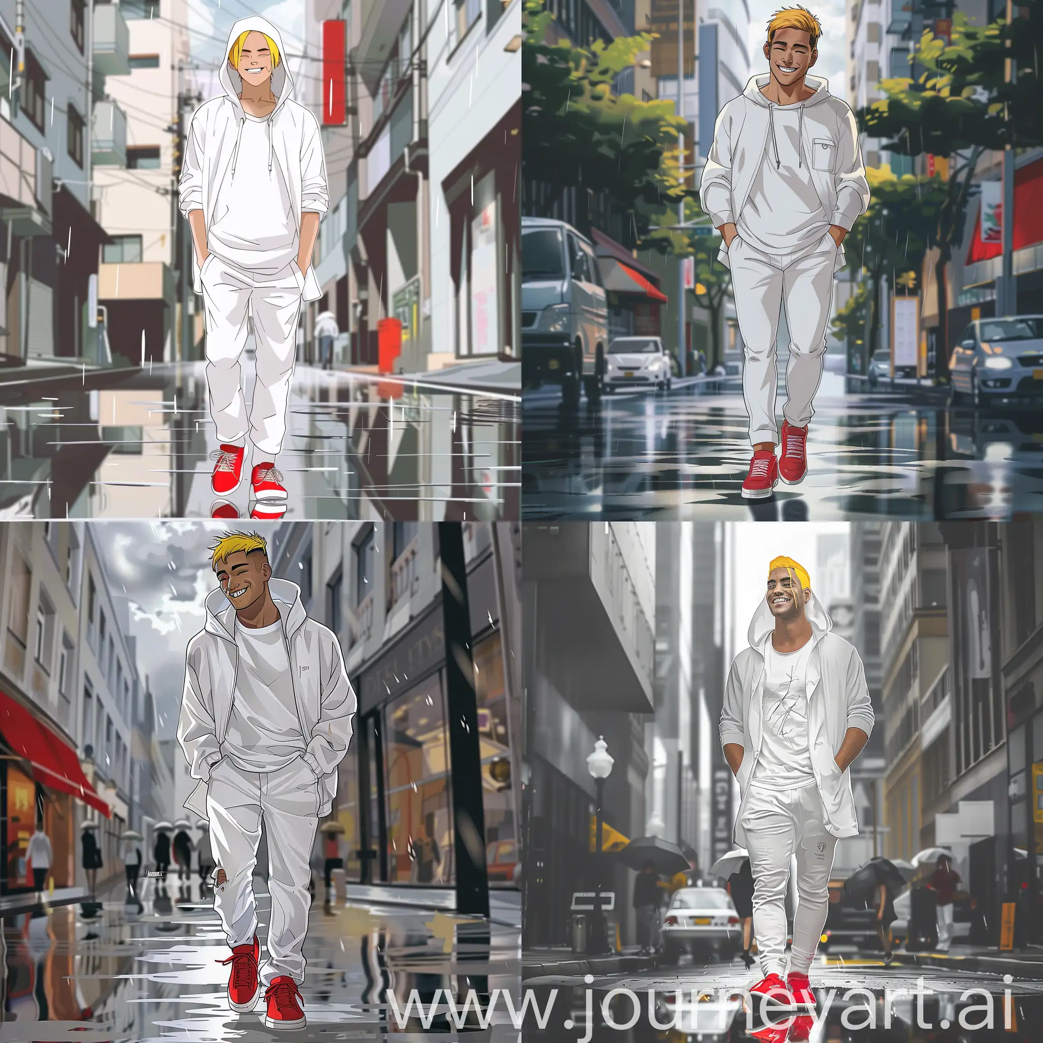 A man of mesomorphic physique tall height short yellow hair smiling closed eyes dressed in white hoodie under hoodie  white t-shirt white  pants on his feet red sneakers walking down the street with his hands in his pockets rainy city, anime style
