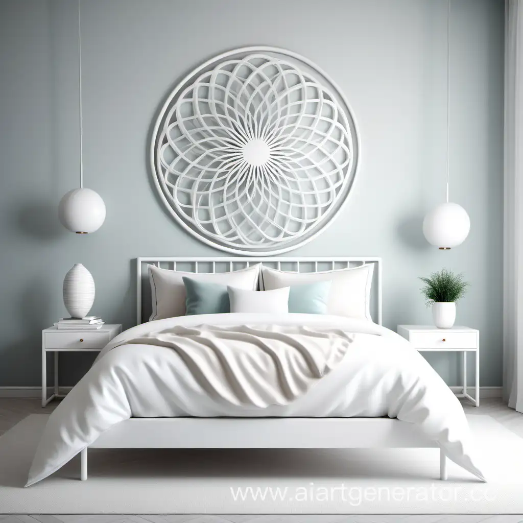 Белая кованая кровать в интерьере в стиле модерн. Плавные, воздушные и красивые узоры с минимализмом на стене красивая картина 
узоры изготовлены из круглого прутка 12 миллиметров и 14 миллиметров. красивая пастель. 