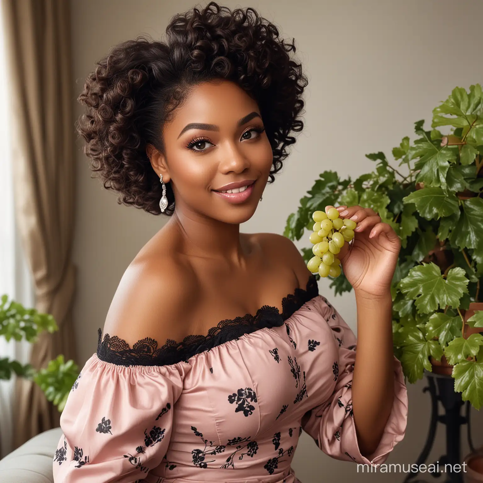 Confident AfroAmerican Woman with Grapes in OffShoulder Dress