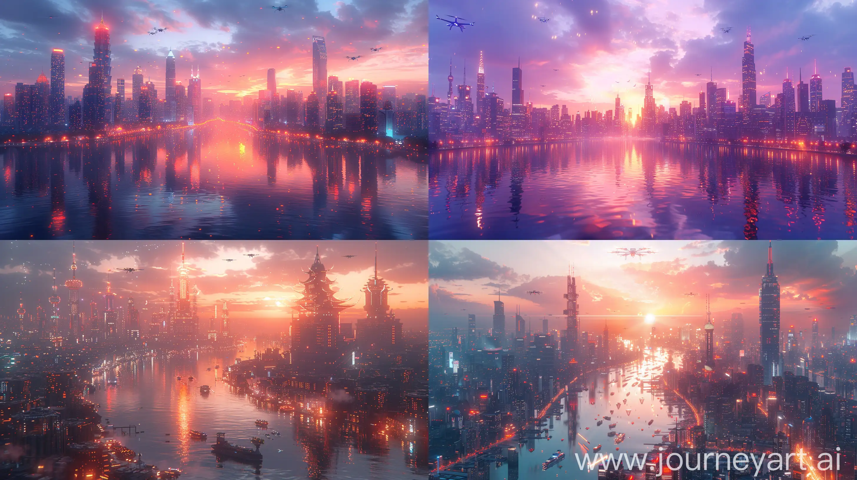 Vibrant-Dusk-Cityscape-with-Futuristic-Flair-and-Bustling-Urban-Life