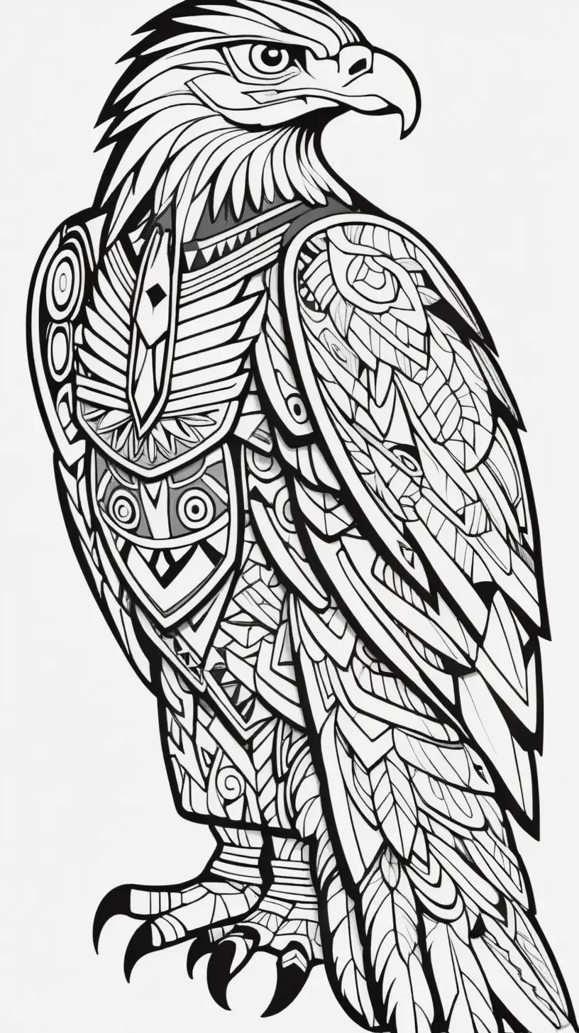 Hawk totem representing focus and perspective, inspired by the Mohawk tribe, coloring book image, thick black clean lines,  