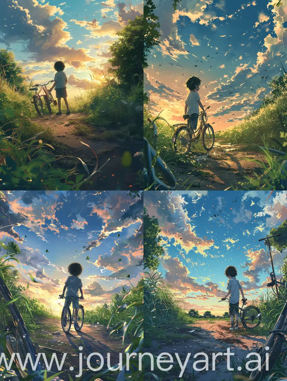 Beautiful anime style,makoto shinkai style,a kid standing and holding his cycle in a ground like park,some grass,beautiful sky,a dirty path,beautiful summers,beautiful sky,avoid bad and distorted view of the kid and cycle,avoid missing fingers of the kid,missing parts of cycle.