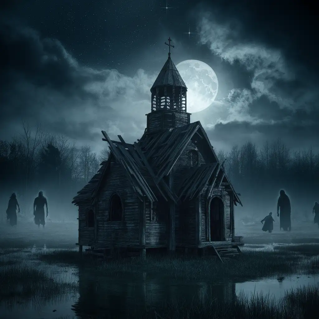 Eerie Scene Ancient Orthodox Church Surrounded by Dark Forest and Mysterious Shadows