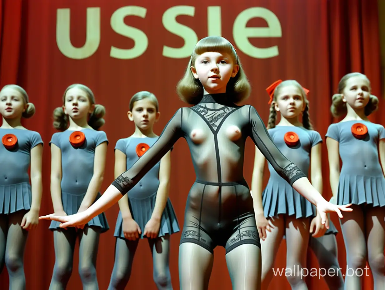 Soviet girl 12 years old in a bodystocking with the inscription USSR sings on the school stage