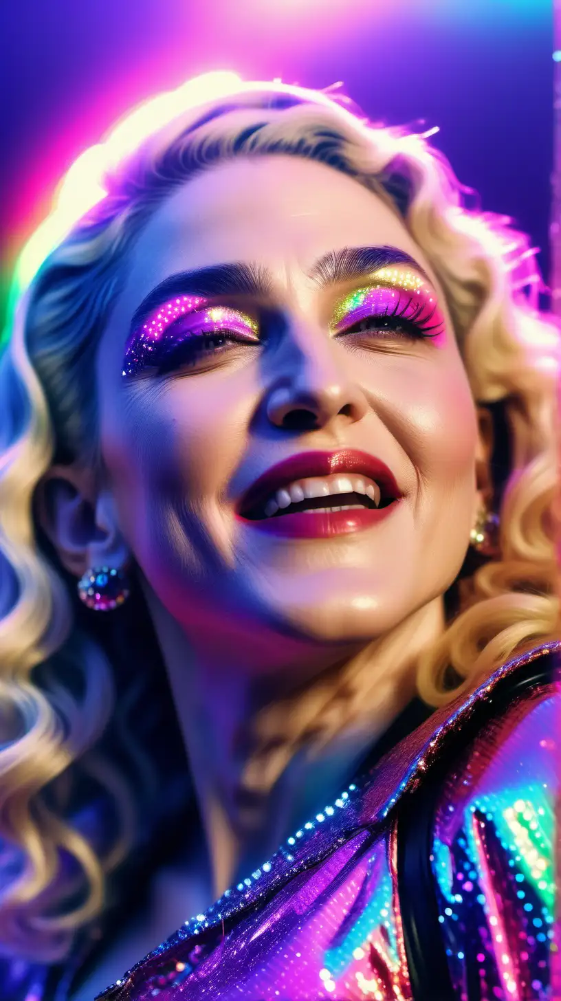 Party portrait of Madonna from profile at a modern crazy party, laughing face,  sparkling, rainbow neon synthwave attire, sparkles and glitter in the environment, Bokeh quality, Blurred background, realistic --style raw --s 300 --ar 9:16 --v 6.0