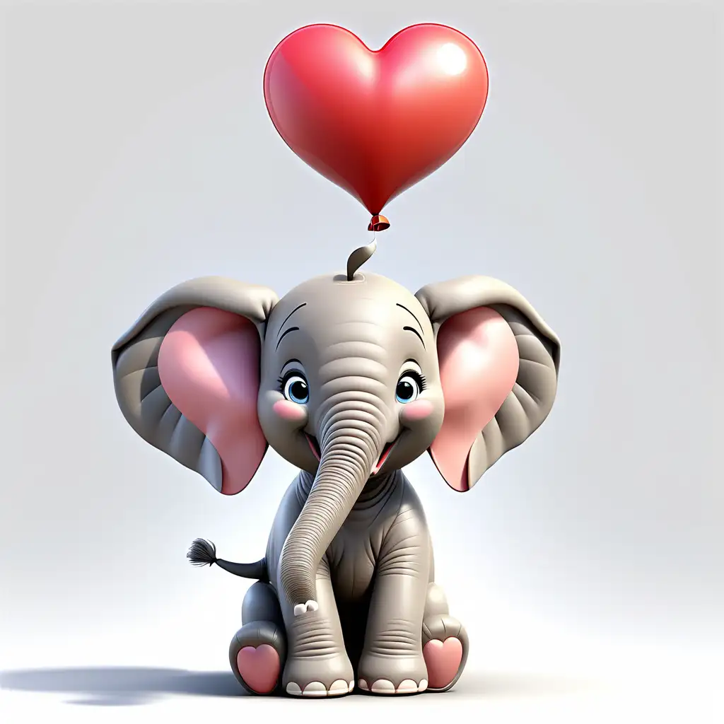 Generate an adorable 3D Pixar-style clipart of a baby elephant holding a heart-shaped balloon with the trunk. Ensure the elephant has a joyful expression, and the balloon should be vibrant and heartwarming. Place this delightful scene on a plain white background.