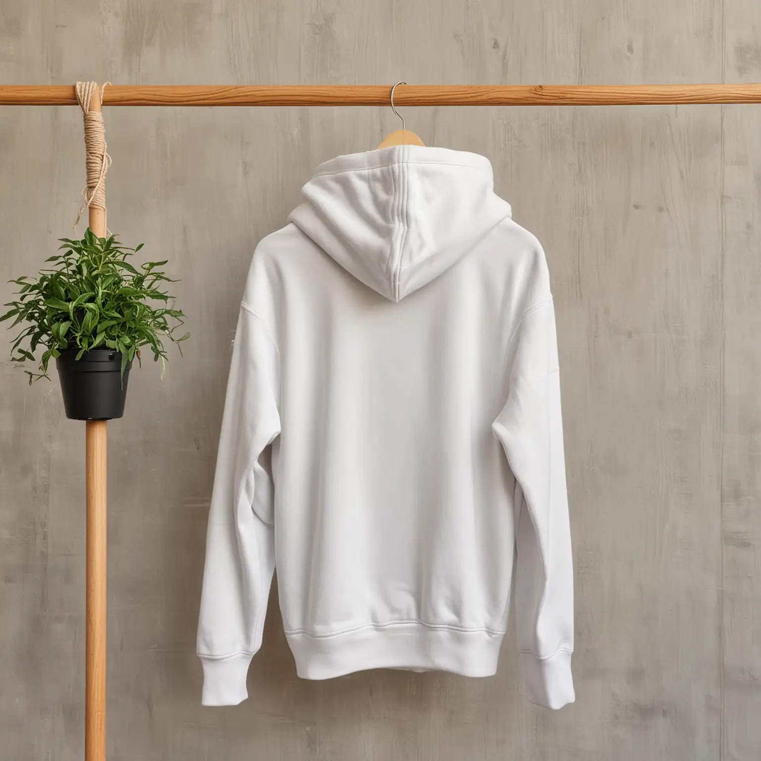blank back of hoodie on hanger, hanging on wooden pole with small 
plant in background