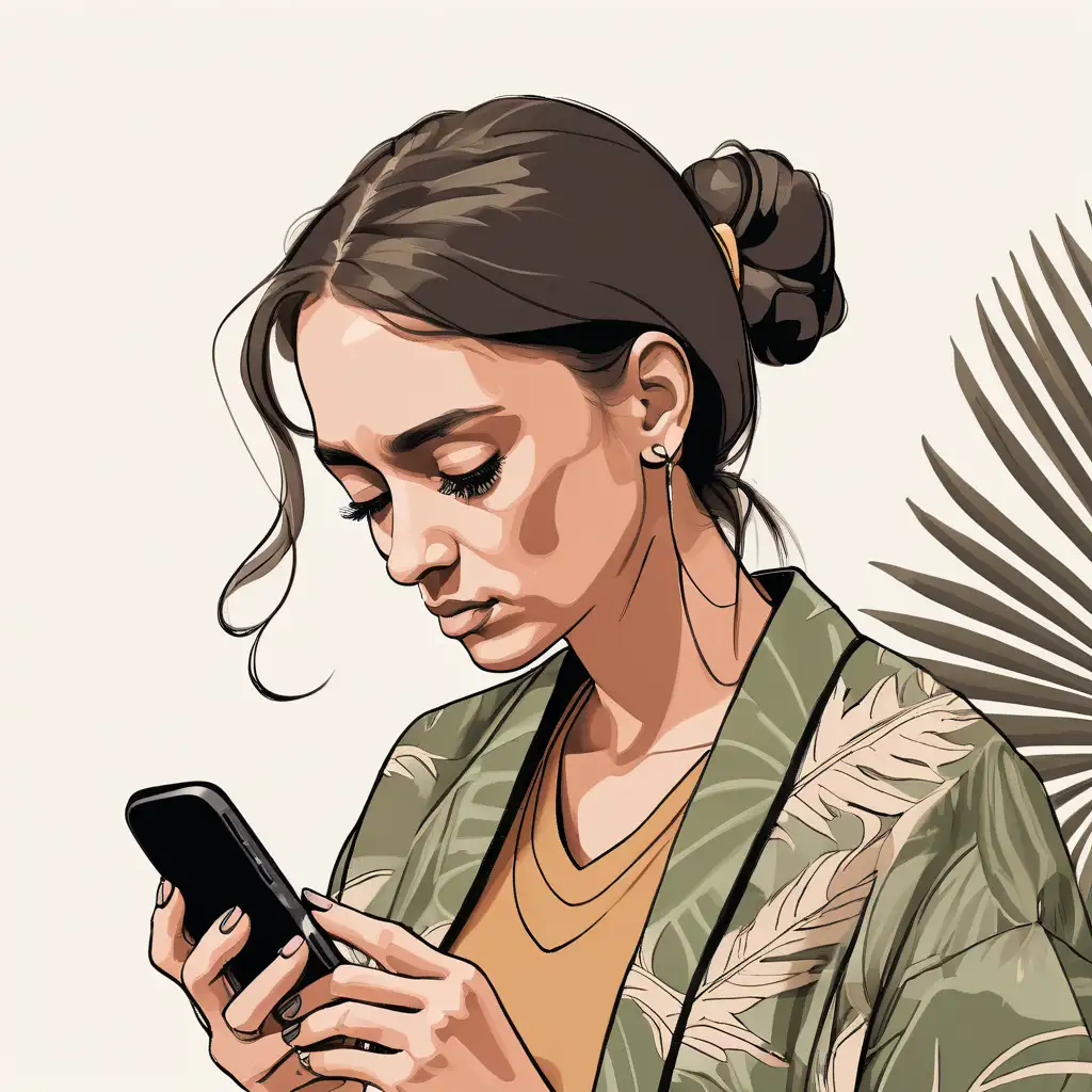 In muted tropical colors: a woman concentrating on a mobile phone, on a blank background with space around her