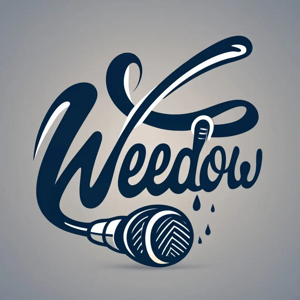 typographical logo design, clean lines, waves, retro microphone cord incorporated in liquid dripping from cursive typography with liquid dripping from curves,  blue font color, white background, with the text "WeedoW", be used in Entertainment industry