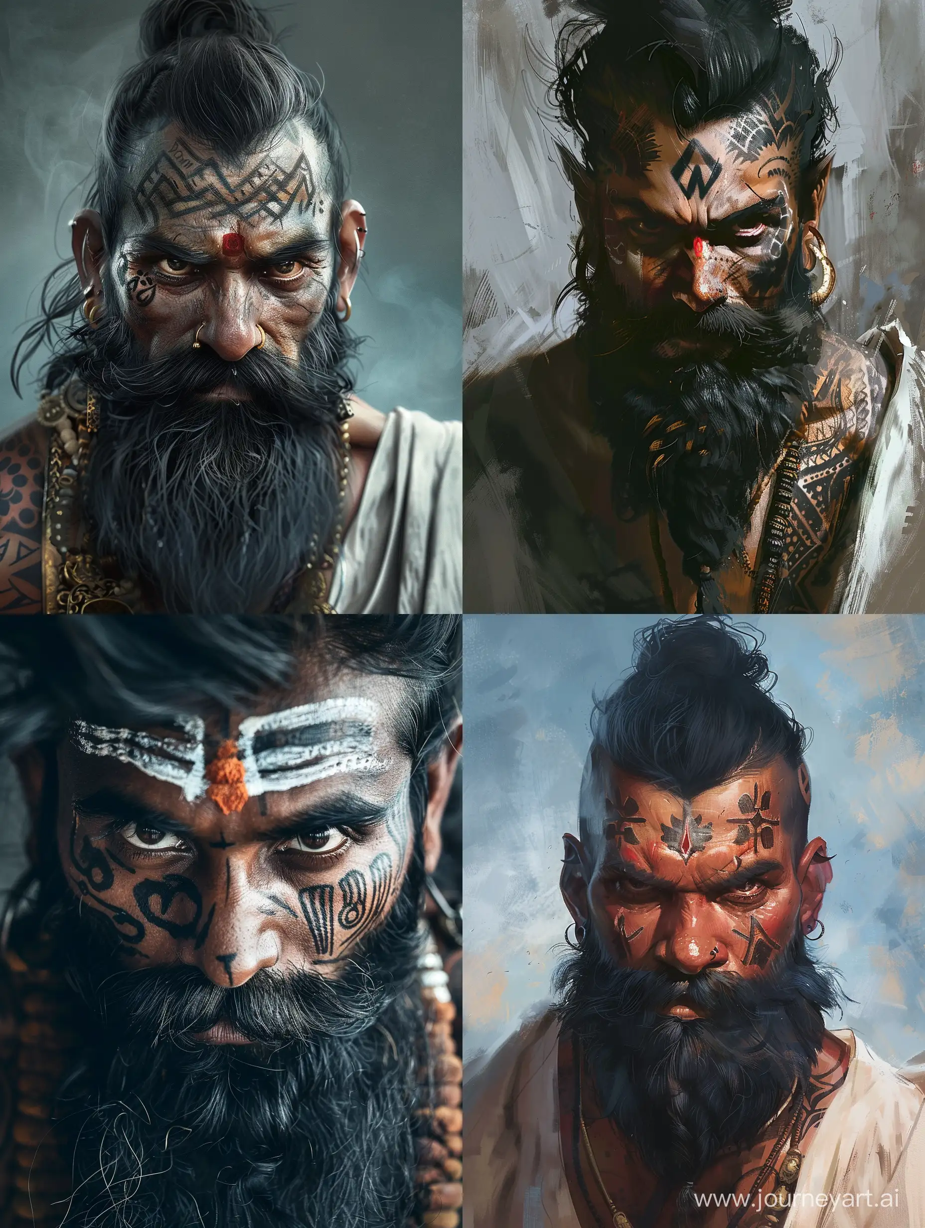 一個印度巫師，他面目猙獰，黑色的大鬍子，臉上有紋身