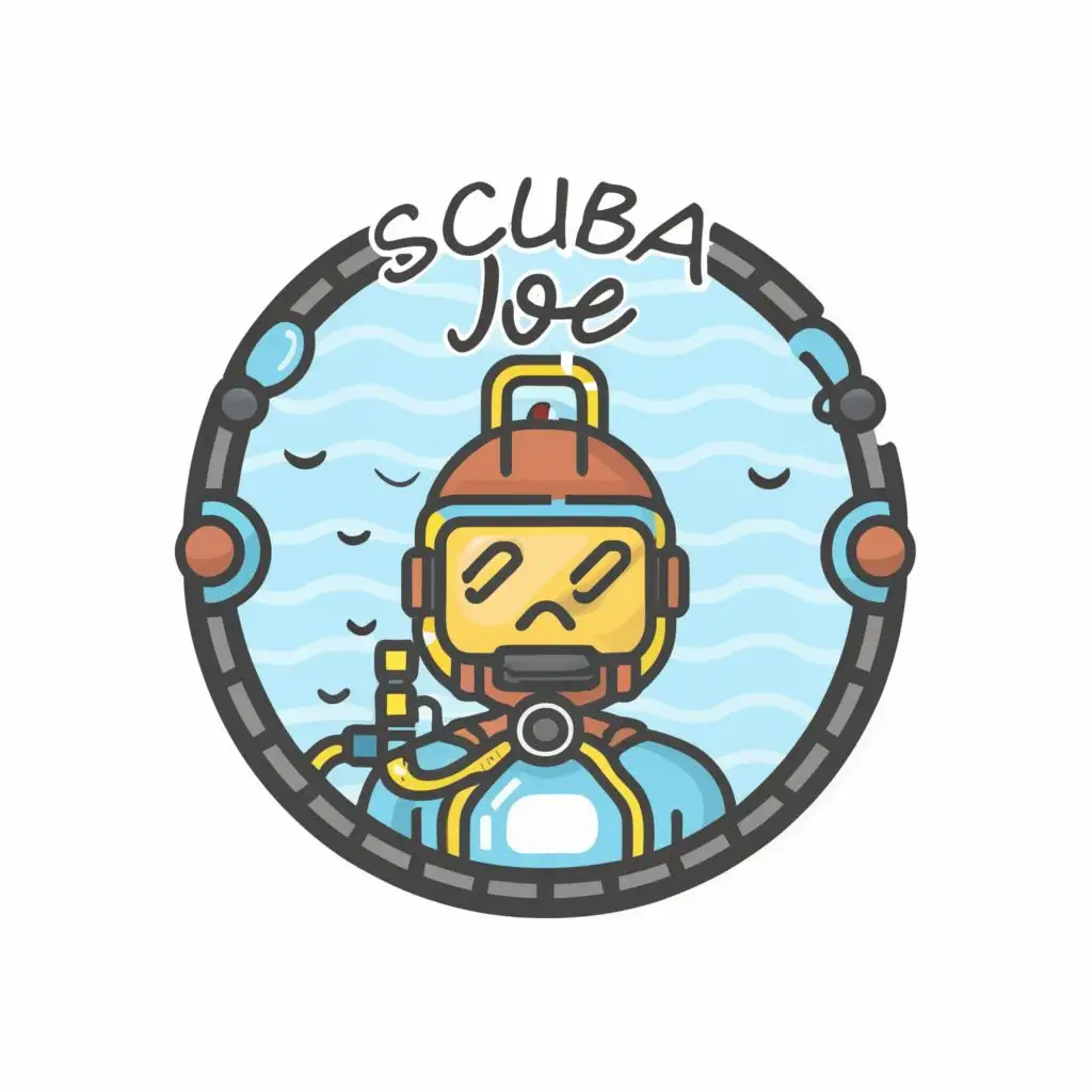 logo, "one of a kind original concept design logo, scuba diver, minimalistic, line art, vector art, flat design , Ultra detailed image, ultra fine sharp narrow black outlined , no copyright, no watermark ,with the text "Scuba Joe" typography, with the text ".", typography", with the text ".", typography