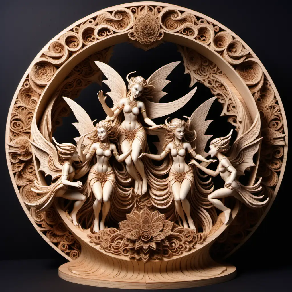 Exquisite 3D Wood Mandala with Angels Gargoyles and Dragonflies Dancing