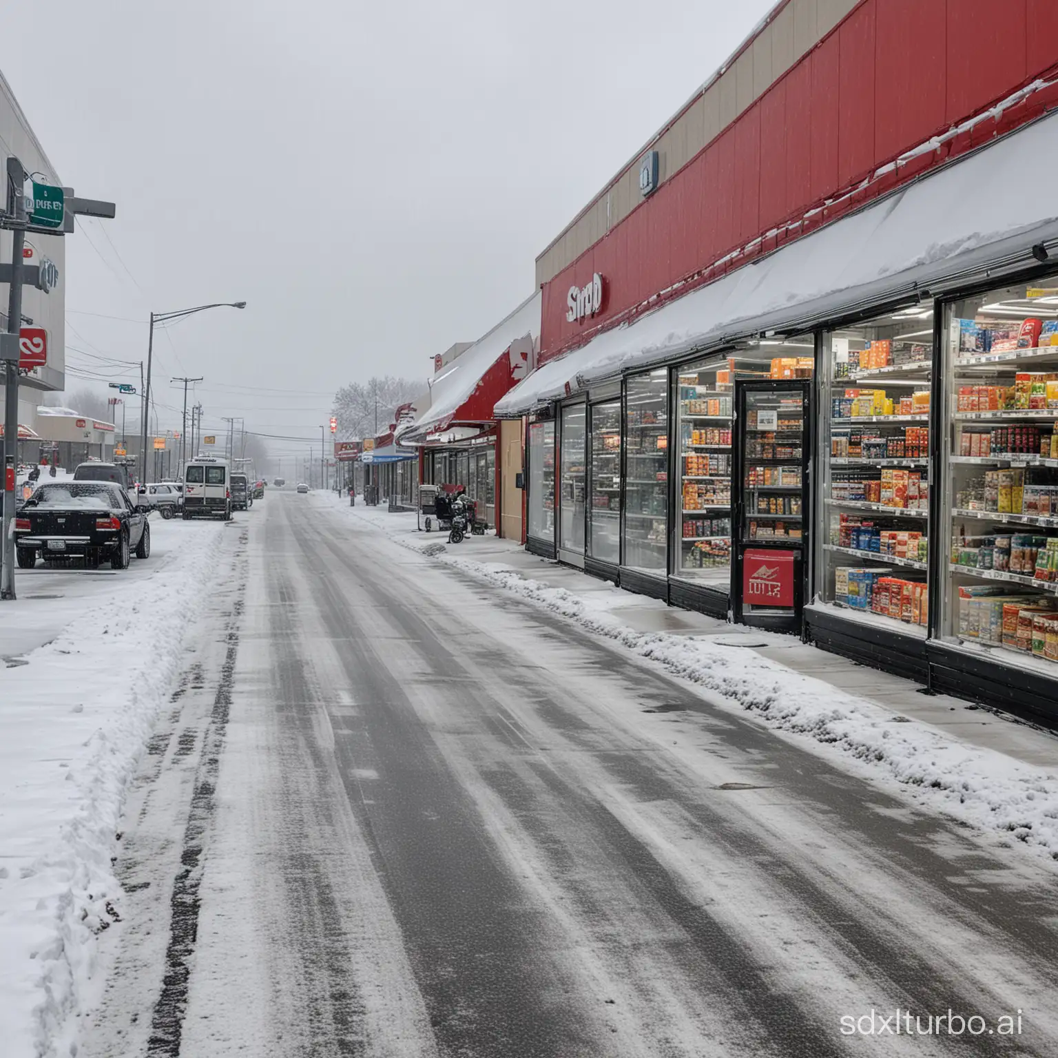 阴天，积雪，街道，路边的超市，红色SF90