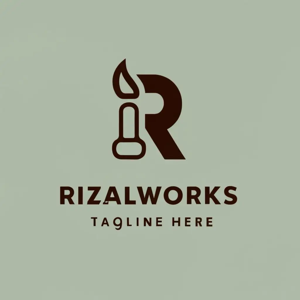 logo, the letter 'R' with a torch, with the text "Rizalworks", typography, be used in Internet industry