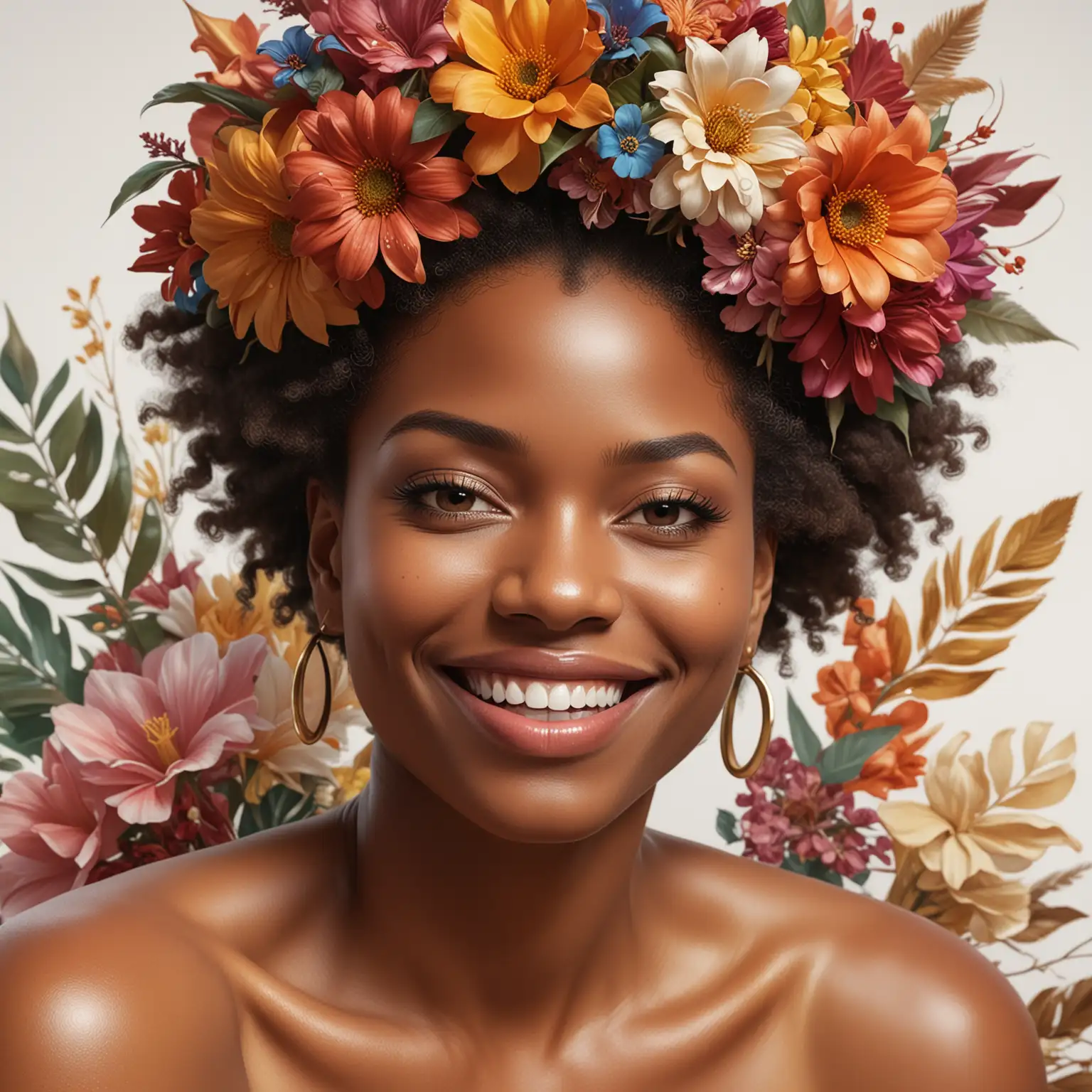 A 4K 300dpi airbrush oil painting on a white background with colorful full length view image of a bronze skin color african american woman without hair, centered art, floral theme, bright colors, face of a middle age African American woman Smiling , realistic face, complex details, silky skin, vibrant eyes, REMBRANDT lighting, Adobe illustration, Trand on Artstation, 8K, HD, magnificent art, masterpiece, by Rafael Albuquerque, Yoshitaka Amano,