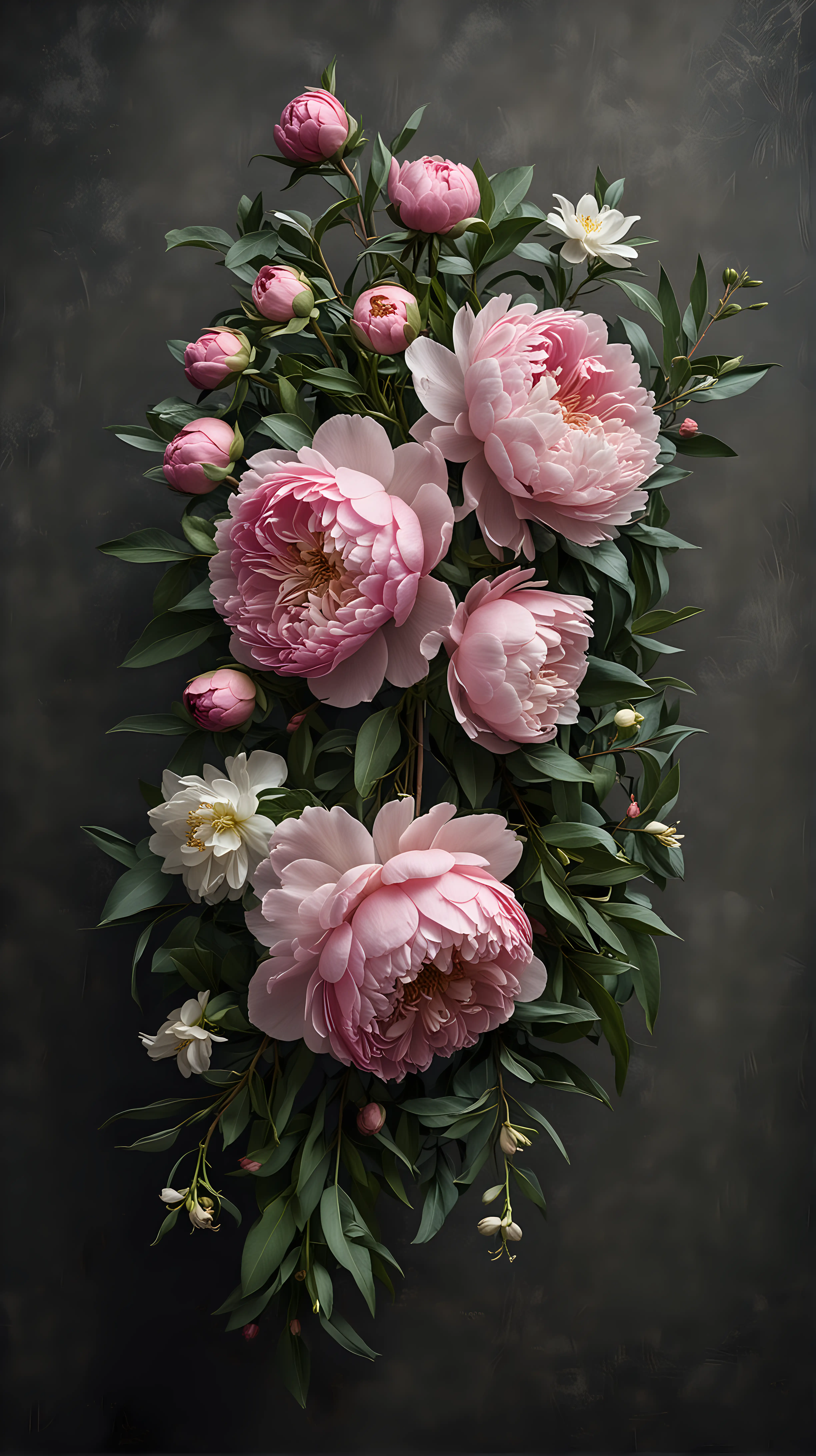 Elegant Floral Arrangement Moody Dusty Pink Peonies and Bright Renunculus on Dark Background