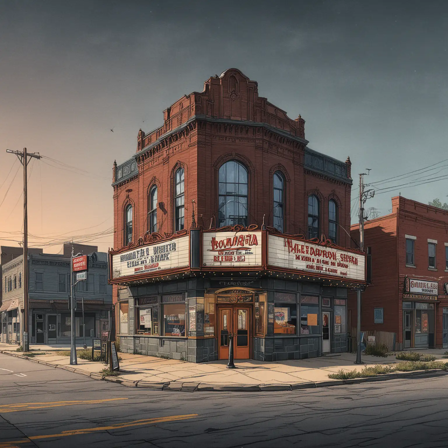 Color drawing of street view of haunted movie theatre in a small town for book cover
