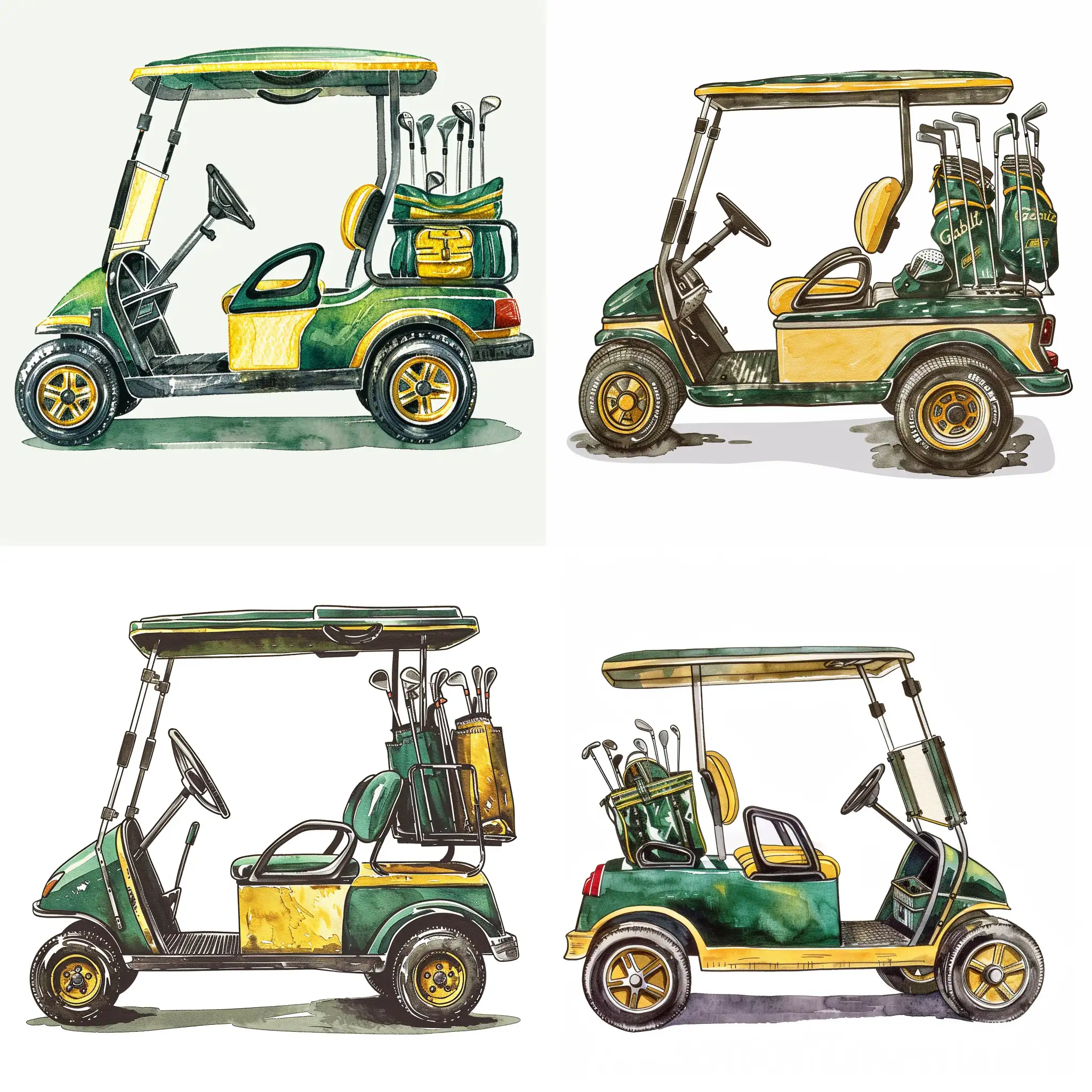 Watercolor-Golf-Cart-Vibrant-Green-and-Yellow-Side-Profile-with-Golf-Bags