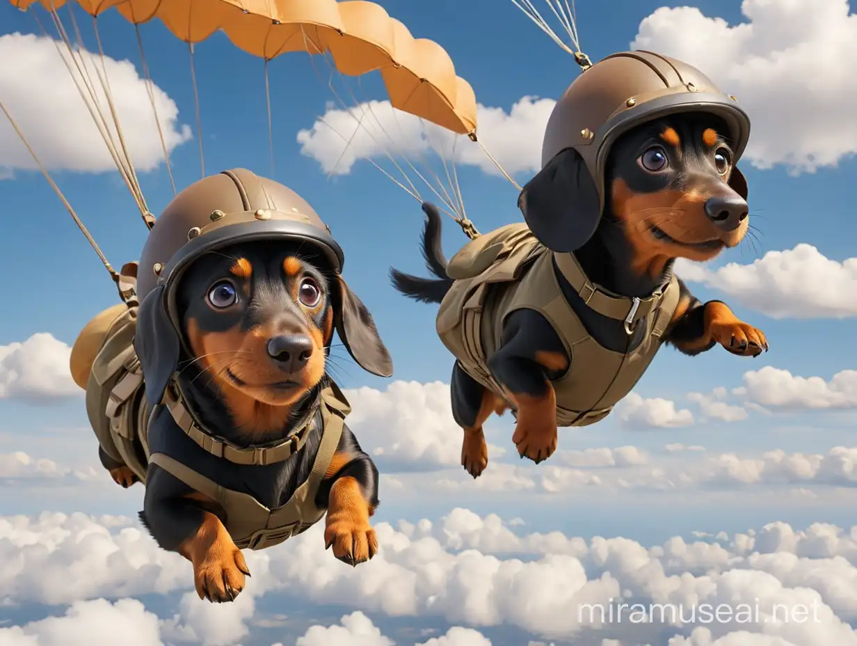 Adorable Tandem Dachshunds Flying in Parachute Helmets Above White Clouds