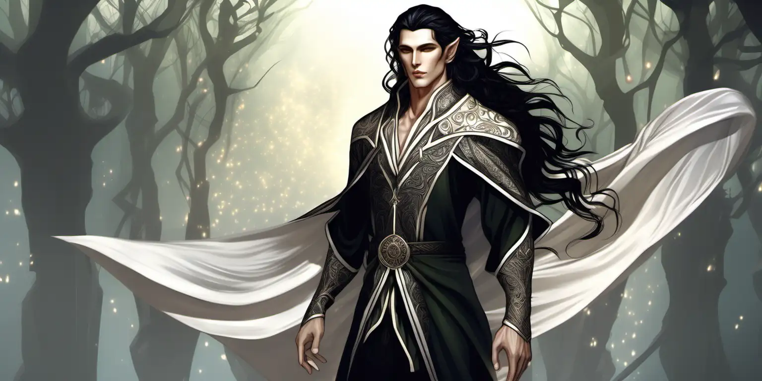 A male elf of exotic and alluring appearance. Long wavy ebony black hair, pale complexion. Graceful and toned build, intricate mage robes with high collar