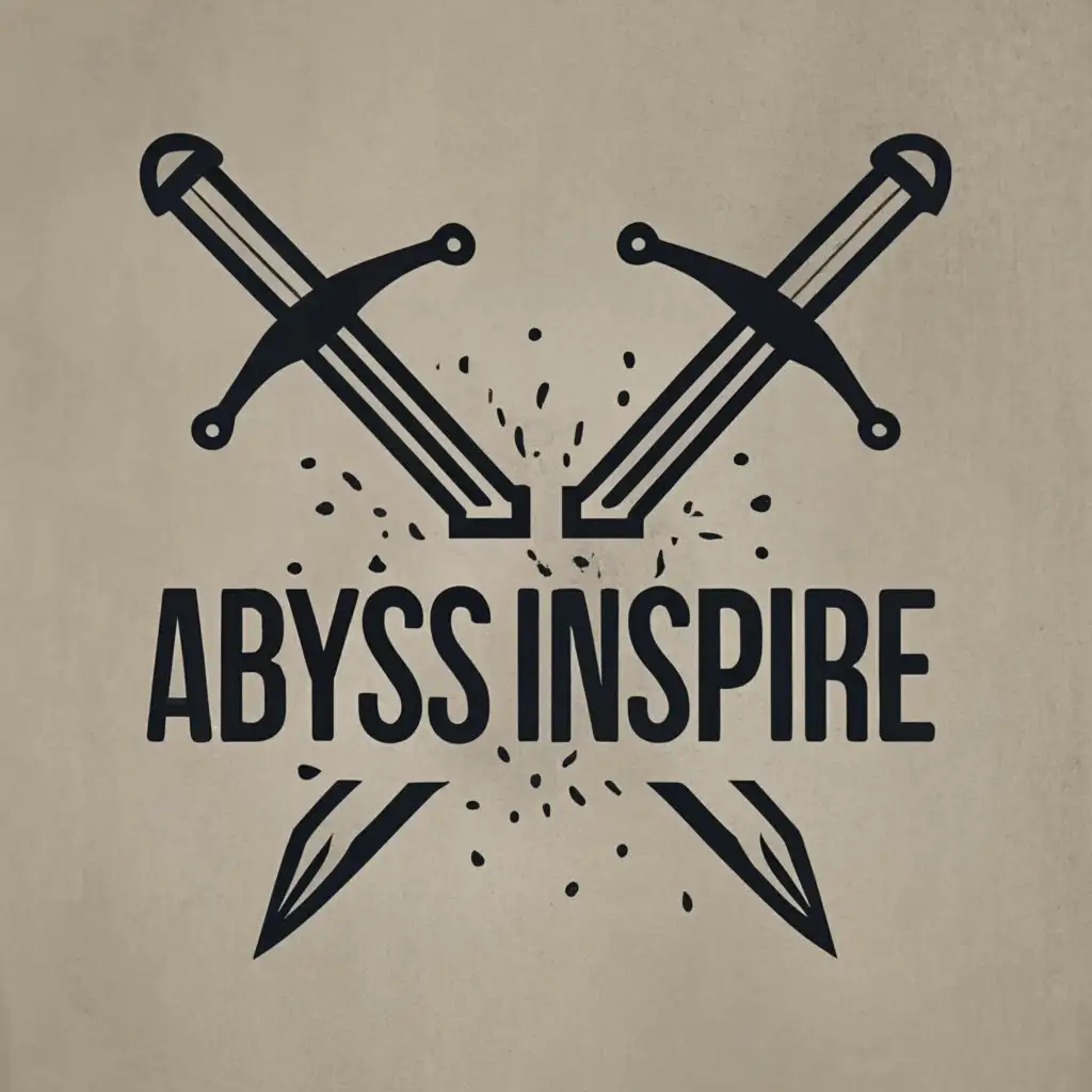 logo, Two crossing Medieval Swords, with the text "AbyssInspire", typography, be used in Entertainment industry The logo features a strong, upward-reaching arrow that starts from the bottom center of the design. The arrow is formed by jagged, broken lines, symbolizing the struggles and hardships faced on the path to personal growth.

In the background, there's a subtle representation of darkness, indicating the pain and challenges. This could be conveyed through a textured black background, emphasizing the contrast with the central theme of the logo.

The wordmark of the channel's name is written in bold, uppercase white letters. The font style is clean and modern, providing a stark contrast to the dark background. The text is positioned just above the arrow, symbolizing the journey from darkness to light.

To further symbolize the brighter future, a small burst of light or radiant glow emanates from the tip of the arrow, representing hope and success.

Color Palette:

Background: Black
Arrow Lines: White
Wordmark: White
Glow/Burst: Light Gradient (white to a subtle light color) 
white font and black background
 