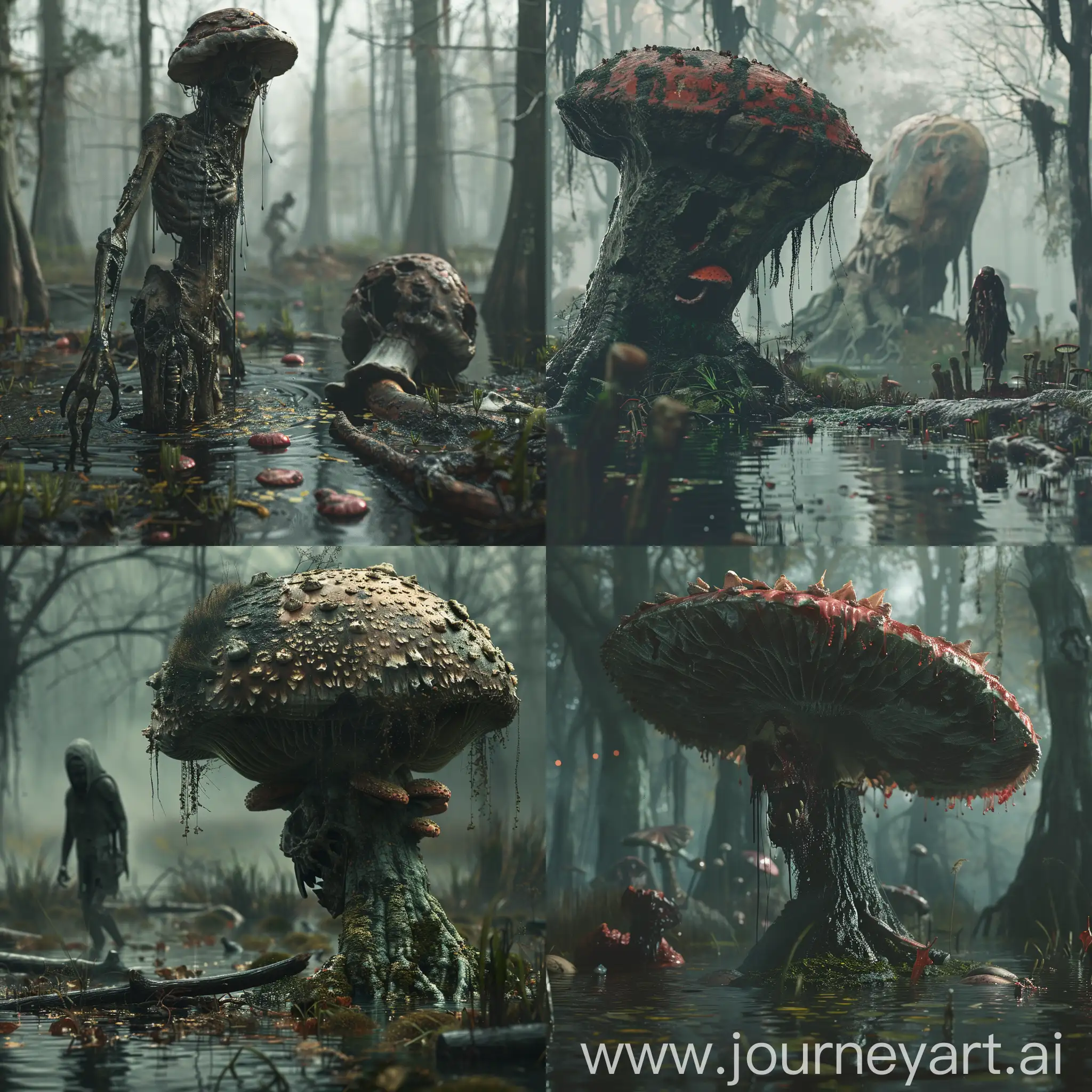 zombie in the swamp, mushroom head, gloomy atmosphere, hyper-realism, 8K image quality, ultra detail, dark fantasy