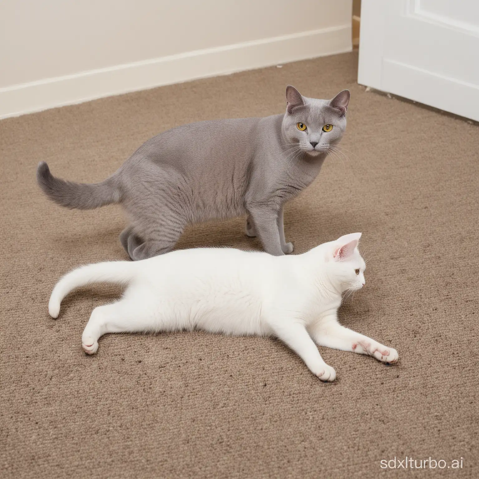 dove standing on a cat, cat laying down, gray cat